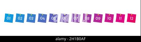 Bullet points numbers. Colorful list markers from 1 to 12. Vector design elements set for modern infographic. Stock Vector
