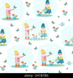 Cute gnomes watering flowers seamless pattern. Vector print in flat style Stock Vector