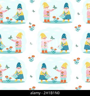 Cute gnomes watering flowers seamless pattern. Vector print in flat style Stock Vector