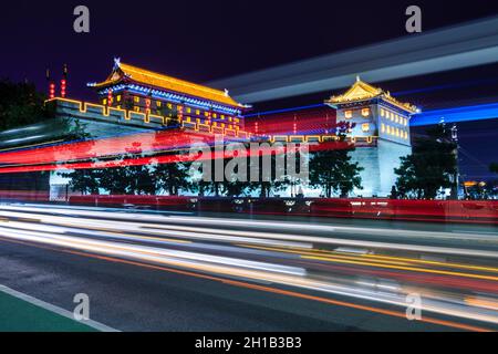 Ancient city wall landscape at night in Xi'an,China. Stock Photo