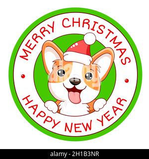 Merry Christmas round vector label. Holiday stamp, shop label, card, sticker with cute corgi in Santa's hat. Kawaii corgi puppy inside circle. Vector Stock Vector