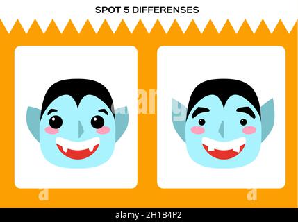 Find 5 Differences. Happy Halloween game. Dracula Vampire Education Game for Children. Worksheet for kids. Vector. Stock Vector