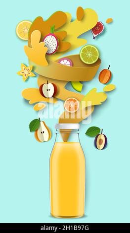 Fruit juice packaging glass bottle, paper cut fresh fruits, liquid splash, drops. Healthy drink, vector illustration. Stock Vector