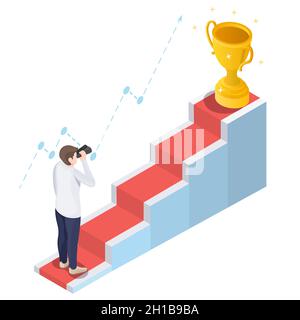 Businessman with telescope in front of staircase, vector isometric illustration. Path to success, goal, business vision. Stock Vector