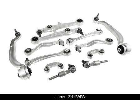 Car front suspension arm set isolated on white background. A set of spare parts for a car suspension. Stock Photo