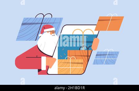 santa claus using smartphone with gifts on screen happy new year merry christmas holiday celebration concept Stock Vector