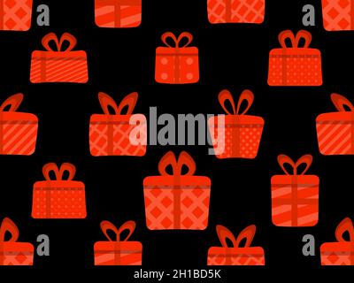 Red gift boxes seamless pattern. Gift boxes with geometric patterns, stripes and circles. Festive design for greeting card, wrapping paper, banners an Stock Vector