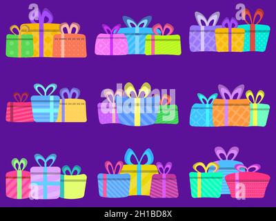 Gift boxes icon set in flat style. Surprise in a box. Compositions with gifts of different colors for advertising products, brochures and banners. Vec Stock Vector