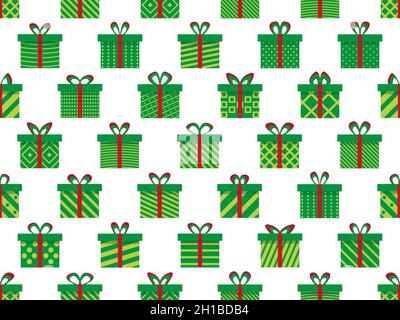 Green gift boxes with red ribbon seamless pattern. Gift boxes with geometric pattern. Festive design for greeting card, wrapping paper and promotional Stock Vector