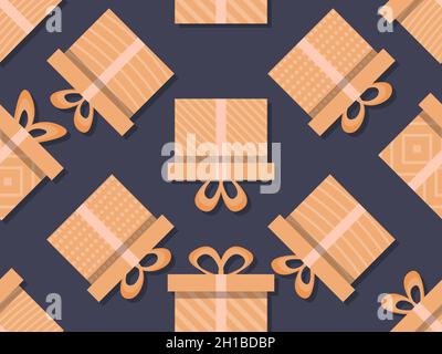 Beige gift boxes on a dark background. Gift boxes with geometric pattern. Festive design for greeting card, wrapping paper and promotional materials. Stock Vector