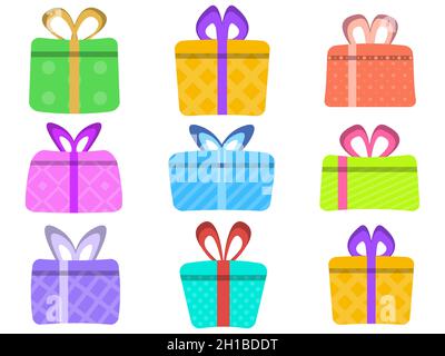 Colorful gift boxes icon set isolated on white background. Gift boxes in flat style. Design for posters, banners and promotional materials. Vector ill Stock Vector
