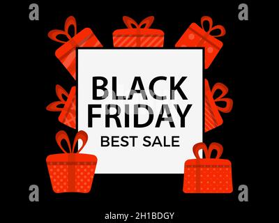 Black friday best sale. Red gift boxes on black background banner. Design for greeting card, brochure and promotional materials. Vector illustration Stock Vector