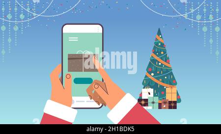 santa claus hands choosing gifts on smartphone screen merry christmas happy new year winter holidays celebration Stock Vector