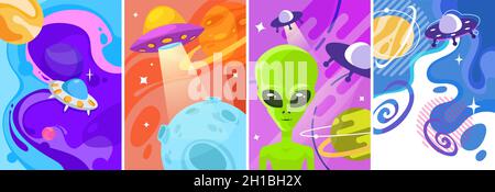 Collection of posters with UFO. Placard designs in cartoon style. Stock Vector