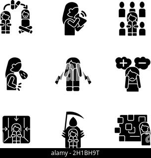 Phobias and its symptoms black glyph icons set on white space Stock Vector