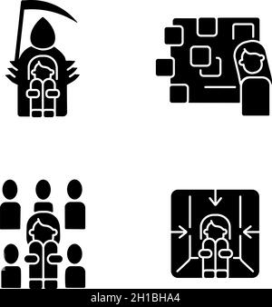 Fears and phobias black glyph icons set on white space Stock Vector