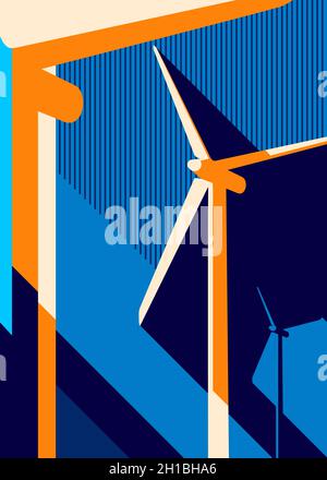 Poster with wind power plant. Placard design in abstract style. Stock Vector