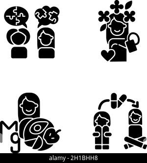 Mental disorders treatment black glyph icons set on white space Stock Vector
