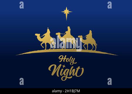 Three wise men golden silhouette, Holy night holiday card. Merry Christmas, gold star and three kings on blue sky. Nativity scene, birth baby Jesus Stock Vector