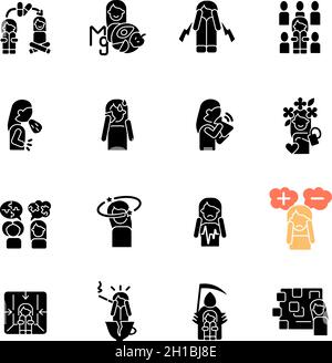 Panic disorder black glyph icons set on white space Stock Vector