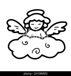 Little angel with wings and a halo on a cloud in doodle style Stock Vector
