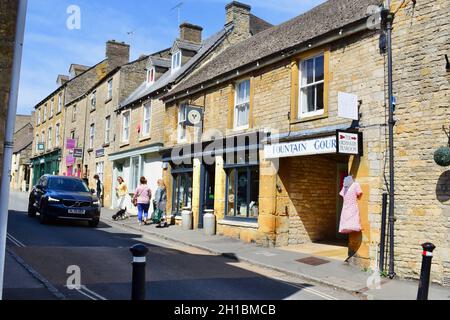 View towards the town centre along Digbeth Street with Fountain Court - a small shopping mall, and 'The Cotswold Cheese Co.' shop. Stock Photo