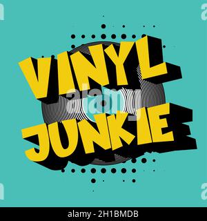 Vinyl Junkie retro vector design on a halftone background Stock Vector