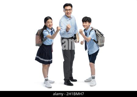 Cheerful teacher and students cheering Stock Photo - Alamy
