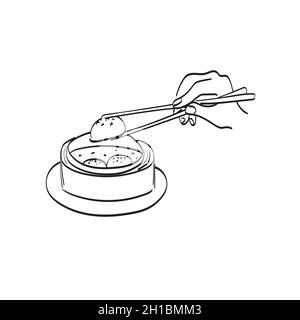 Hand holding chopstick reaching out for dim sum illustration vector isolated on white background line art Stock Vector
