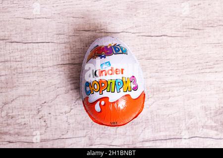 BELARUS, NOVOPOLOTSK - 18 OCTOBER, 2021: Chocolate egg kinder surprise close up Stock Photo