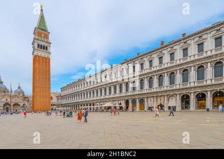 VENICE, ITALY - AUGUST 02, 2021: St Mark's Square, Italian: Piazza San Marco, the main square of Venice with St Mark Campanile, Italian: Campanile di Stock Photo