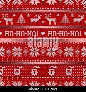 Christmas knitted pattern with Santa Clauses, deers, Ho-Ho-Ho phrase, and scandinavian ornament. Sweater background. Seamless print. Vector Stock Vector