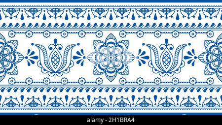 Floral Scandinavian folk art outline vector seamless long pattern with tulips and border, horizontal decorative textile or fabric print design with fl Stock Vector