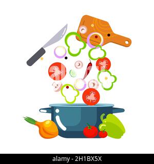 Fresh vegetable slices falling to salad-bowl isolated on white background. Green salads diet for healthy food. Flat Art Vector Illustration Stock Vector