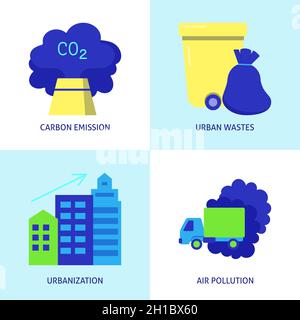 Flat icon set - causes of climate change. Carbon emissions, air pollution, urbanization and city garbage symbols. Vector illustration. Stock Vector