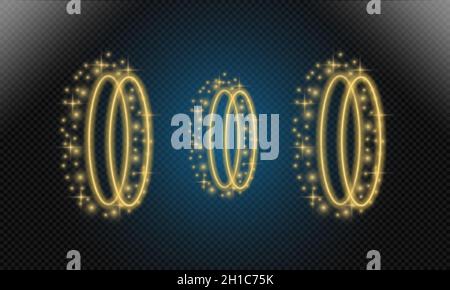 Golden frame shining Circle light effect vector banner template. isolated on black transparent background. Stock Vector