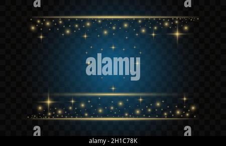 Golden frame shining rectangle light effect vector banner template. isolated on black transparent background. Stock Vector