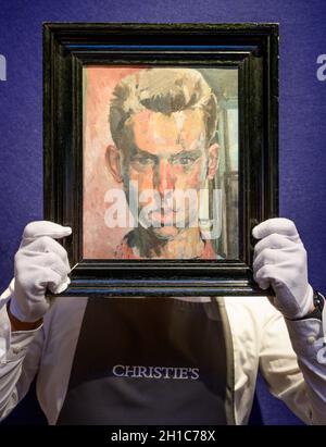 Christie's, London, UK. 18th Oct, 2021. Modern British & Irish Art evening sale takes place at Christie's London on 20 October featuring works by Peploe, Sir Winston Churchill, Lavery, Lowry and Lamb. Image: Sir Peter Blake, Self-Portrait. Estimate: £60,000-80,000. Credit: Malcolm Park/Alamy Live News Stock Photo