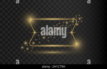 Golden frame shining rectangle light effect vector banner template. isolated on black transparent background. Stock Vector