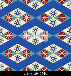 Abstract stylized sun and star diamond shape seamless vector pattern background. Azulejo style backdrop with ancient Egypt inspired symbols, rhombus Stock Vector