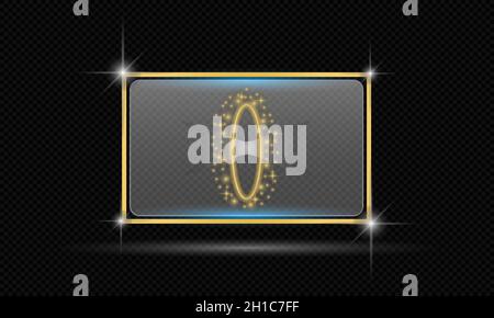 Golden frame shining rectangle light effect vector banner template. isolated on black transparent background. Stock Vector