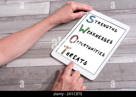 Swot concept shown on a tablet used by a woman Stock Photo