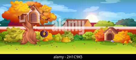 Garden backyard with brick wall, treehouse on tree, bushes and dog kennel. Vector cartoon autumn landscape with house back yard and green lawn. Outdoor area for party or children leisure. Stock Vector