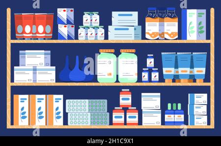 Pharmaceutical Shelves. Medicine Rack. Front View of Store Showcase with  Labels. Medicated Creams and Jars with Capsules Stock Vector - Illustration  of store, counter: 220183582