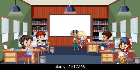 School library interior with children group illustration Stock Vector ...