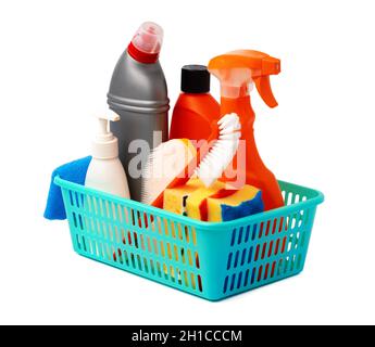 Cleaning items in basket isolated on white background Stock Photo