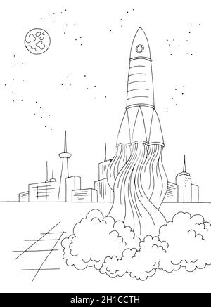 Spaceport launch a rocket exterior graphic black white vertical sketch illustration vector Stock Vector