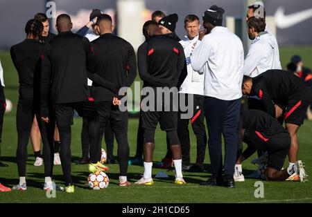 Leipzig, Germany. 18th Oct, 2021. Football: Champions League, group stage, final training before the group match Paris Saint-Germain - RB Leipzig at the Red Bull Academy. RB coach Jesse Marsch (M) talks to his team at the start of training. Credit: Hendrik Schmidt/dpa-Zentralbild/dpa/Alamy Live News Stock Photo