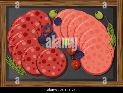 Lunch meats set with pepperoni and salami on platter illustration Stock Vector