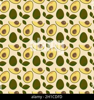 Seamless pattern with fresh avocado and leaves on a light background Stock Vector
